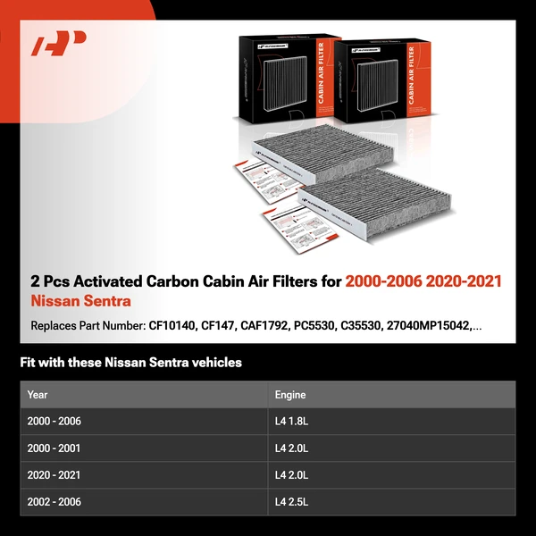 2 Pcs Activated Carbon Cabin Air Filters for 2000-2006 2020-2021 Nissan Sentra
