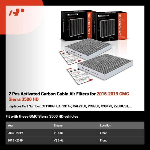 2 Pcs Activated Carbon Cabin Air Filters for 2015-2019 GMC Sierra 3500 HD