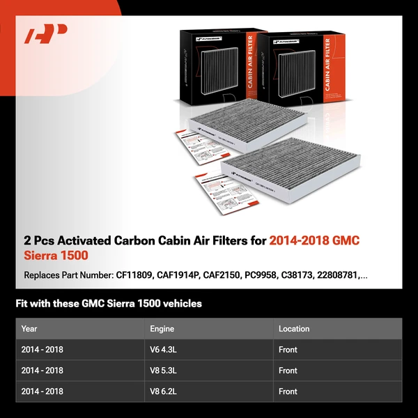 2 Pcs Activated Carbon Cabin Air Filters for 2014-2018 GMC Sierra 1500