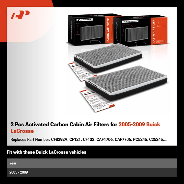 2 Pcs Activated Carbon Cabin Air Filters for 2005-2009 Buick LaCrosse