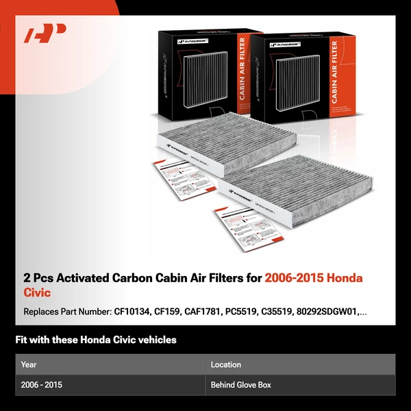 2 Pcs Activated Carbon Cabin Air Filters for 2006-2015 Honda Civic