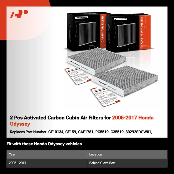 2 Pcs Activated Carbon Cabin Air Filters for 2005-2017 Honda Odyssey
