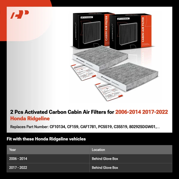 2 Pcs Activated Carbon Cabin Air Filters for 2006-2014 2017-2022 Honda Ridgeline