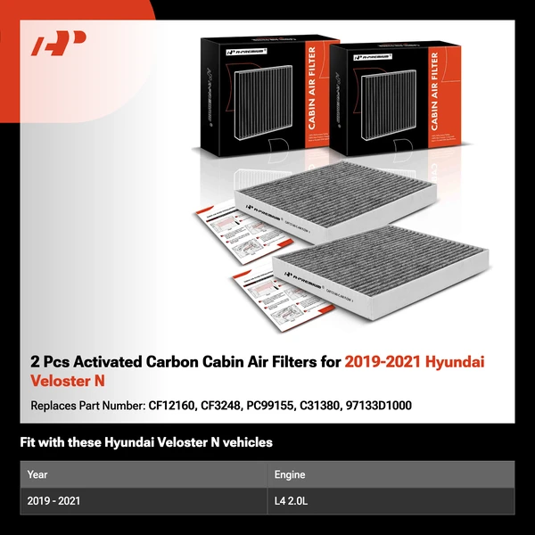 2 Pcs Activated Carbon Cabin Air Filters for 2019-2021 Hyundai Veloster N