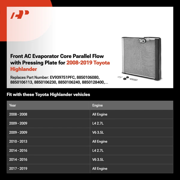 Front AC Evaporator Core Parallel Flow with Pressing Plate for 2008-2019 Toyota Highlander