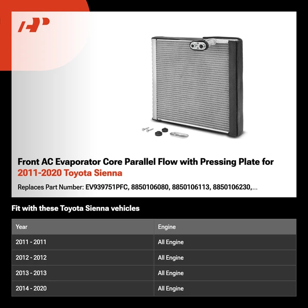Front AC Evaporator Core Parallel Flow with Pressing Plate for 2011-2020 Toyota Sienna