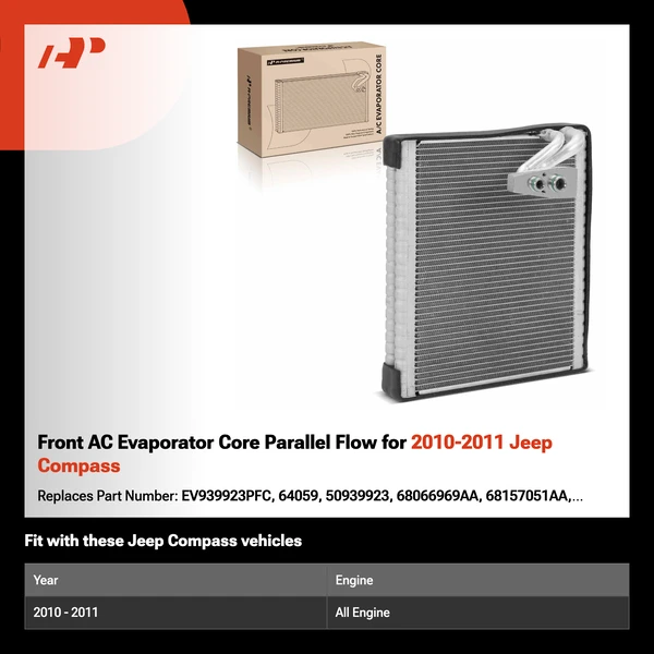 Front AC Evaporator Core Parallel Flow for 2010-2011 Jeep Compass