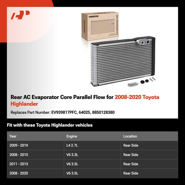 Rear AC Evaporator Core Parallel Flow for 2008-2020 Toyota Highlander