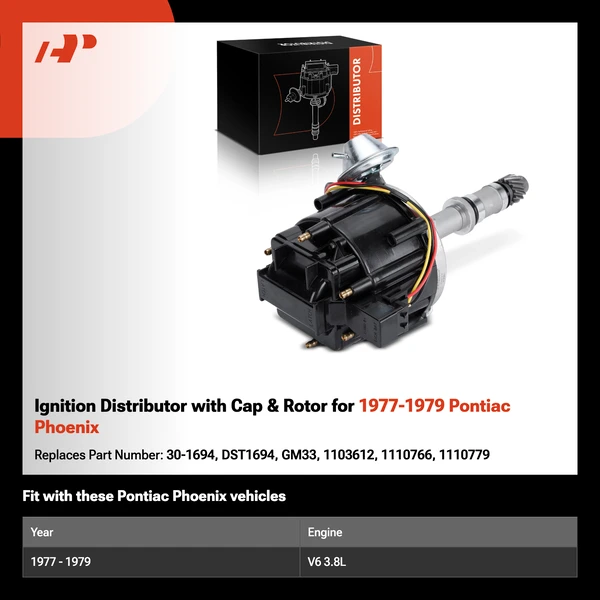 Ignition Distributor with Cap & Rotor for 1977-1979 Pontiac Phoenix