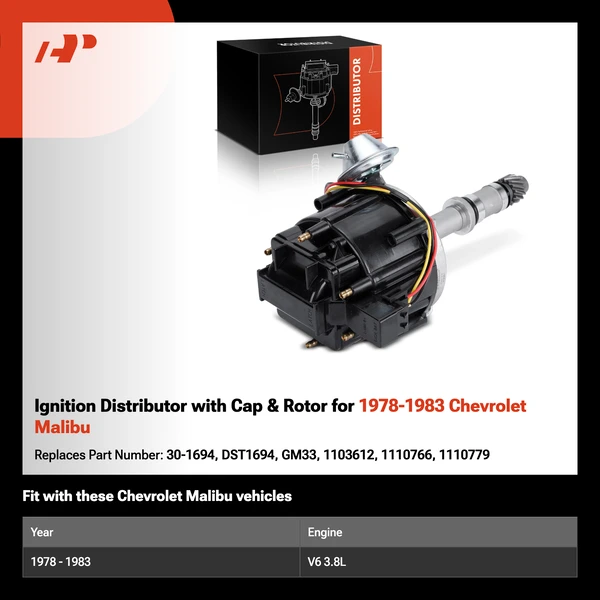 Ignition Distributor with Cap & Rotor for 1978-1983 Chevrolet Malibu