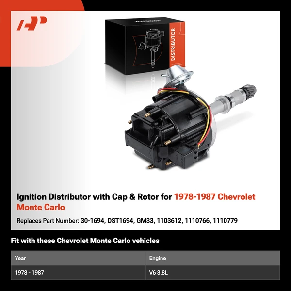 Ignition Distributor with Cap & Rotor for 1978-1987 Chevrolet Monte Carlo