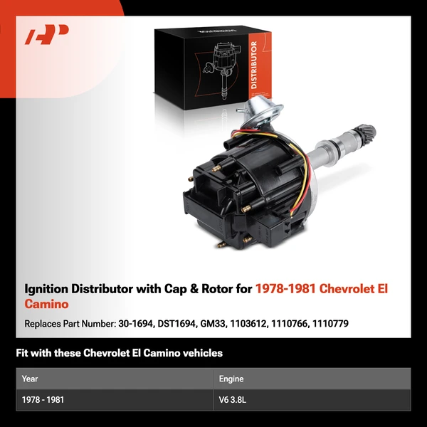 Ignition Distributor with Cap & Rotor for 1978-1981 Chevrolet El Camino