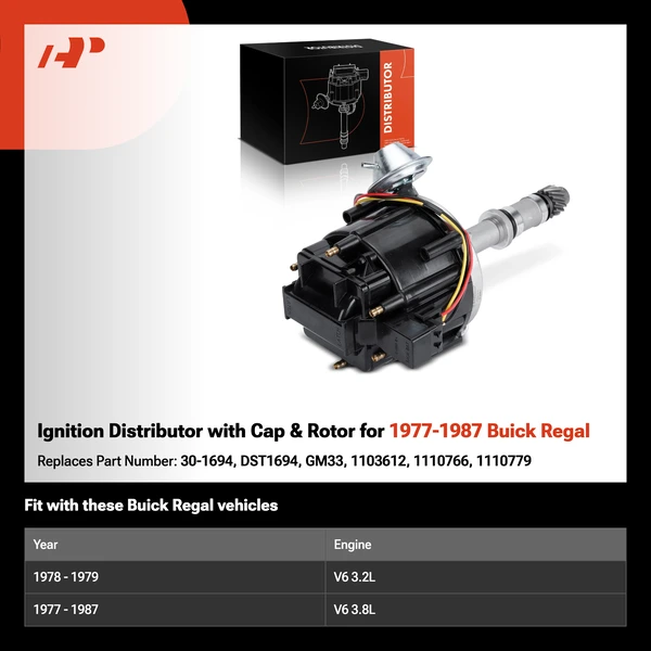 Ignition Distributor with Cap & Rotor for 1977-1987 Buick Regal