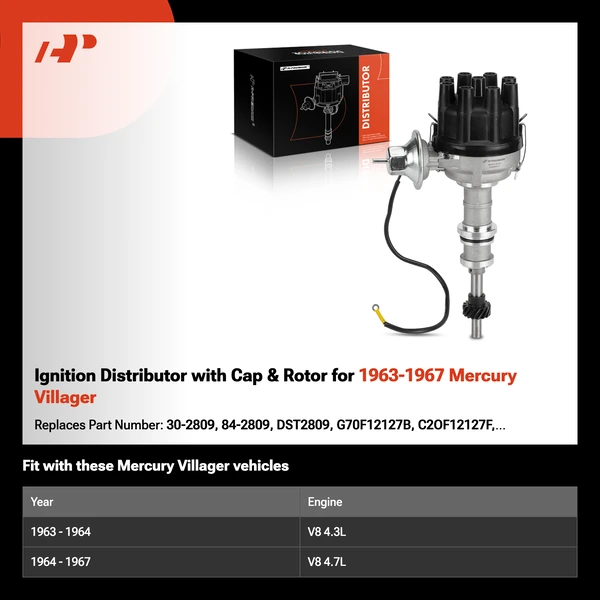 Ignition Distributor with Cap & Rotor for 1963-1967 Mercury Villager