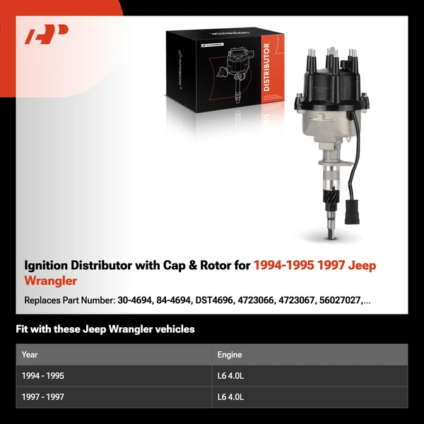 Ignition Distributor with Cap & Rotor for 1994-1995 1997 Jeep Wrangler