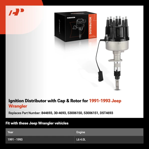 Ignition Distributor with Cap & Rotor for 1991-1993 Jeep Wrangler