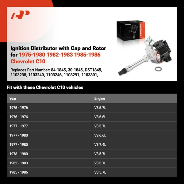 Ignition Distributor with Cap and Rotor for 1975-1980 1982-1983 1985-1986 Chevrolet C10