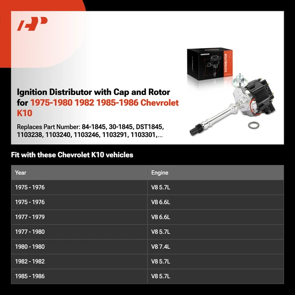 Ignition Distributor with Cap and Rotor for 1975-1980 1982 1985-1986 Chevrolet K10