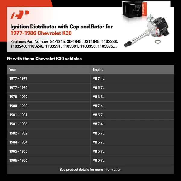 Ignition Distributor with Cap and Rotor for 1977-1986 Chevrolet K30