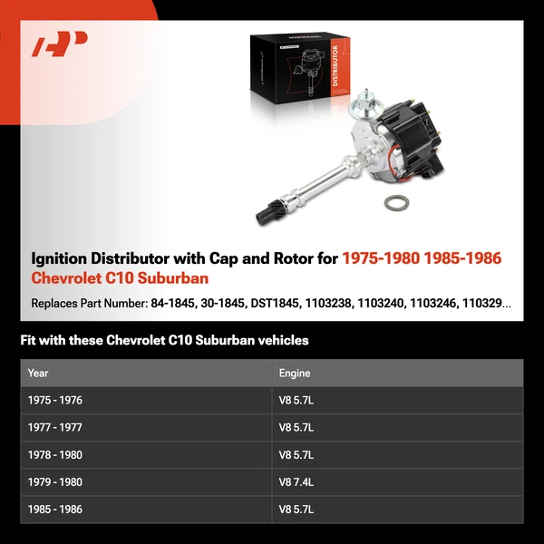 Ignition Distributor with Cap and Rotor for 1975-1980 1985-1986 Chevrolet C10 Suburban