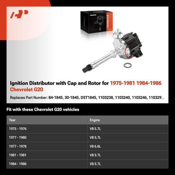 Ignition Distributor with Cap and Rotor for 1975-1981 1984-1986 Chevrolet G20
