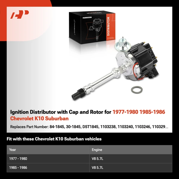 Ignition Distributor with Cap and Rotor for 1977-1980 1985-1986 Chevrolet K10 Suburban
