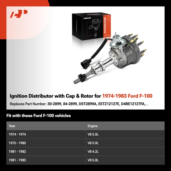 Ignition Distributor with Cap & Rotor for 1974-1983 Ford F-100