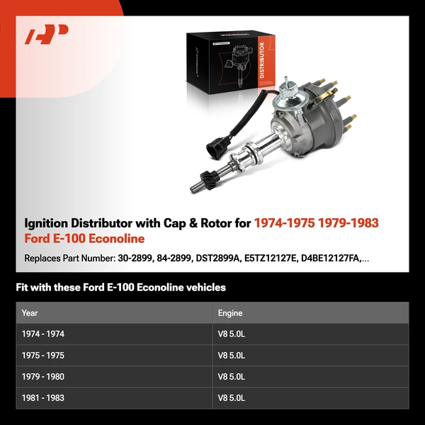 Ignition Distributor with Cap & Rotor for 1974-1975 1979-1983 Ford E-100 Econoline