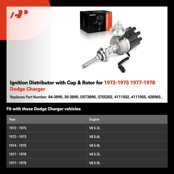 Ignition Distributor with Cap & Rotor for 1972-1975 1977-1978 Dodge Charger