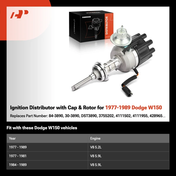 Ignition Distributor with Cap & Rotor for 1977-1989 Dodge W150
