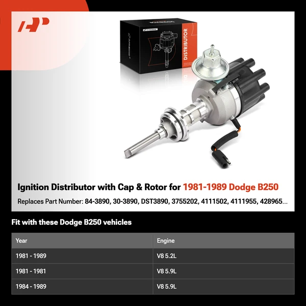 Ignition Distributor with Cap & Rotor for 1981-1989 Dodge B250