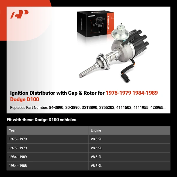 Ignition Distributor with Cap & Rotor for 1975-1979 1984-1989 Dodge D100