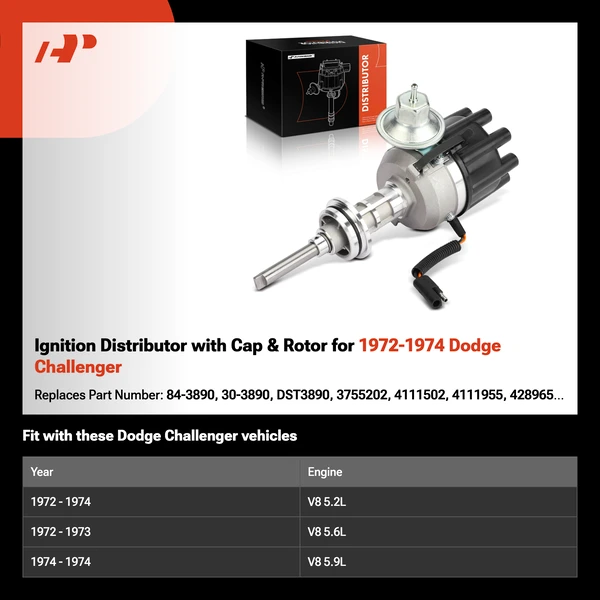 Ignition Distributor with Cap & Rotor for 1972-1974 Dodge Challenger