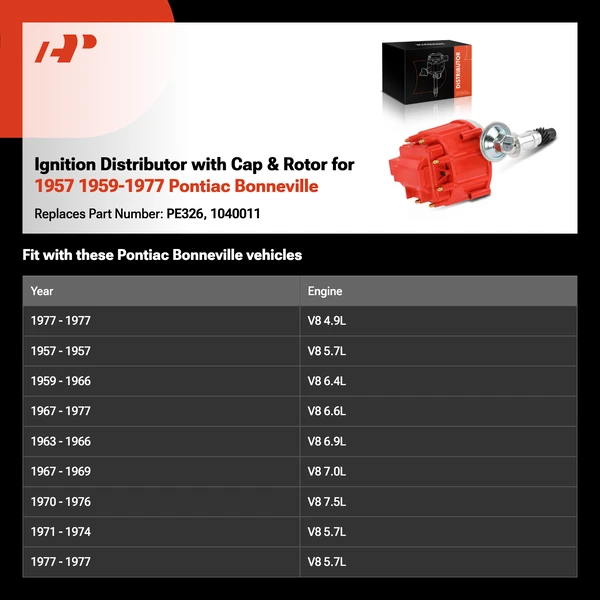 Ignition Distributor with Cap & Rotor for 1957 1959-1977 Pontiac Bonneville