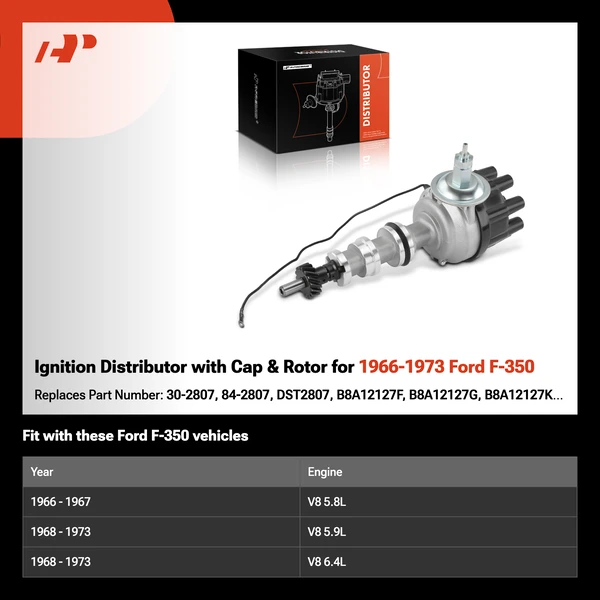 Ignition Distributor with Cap & Rotor for 1966-1973 Ford F-350