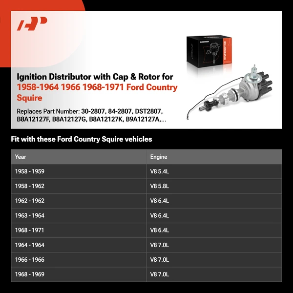 Ignition Distributor with Cap & Rotor for 1958-1964 1966 1968-1971 Ford Country Squire