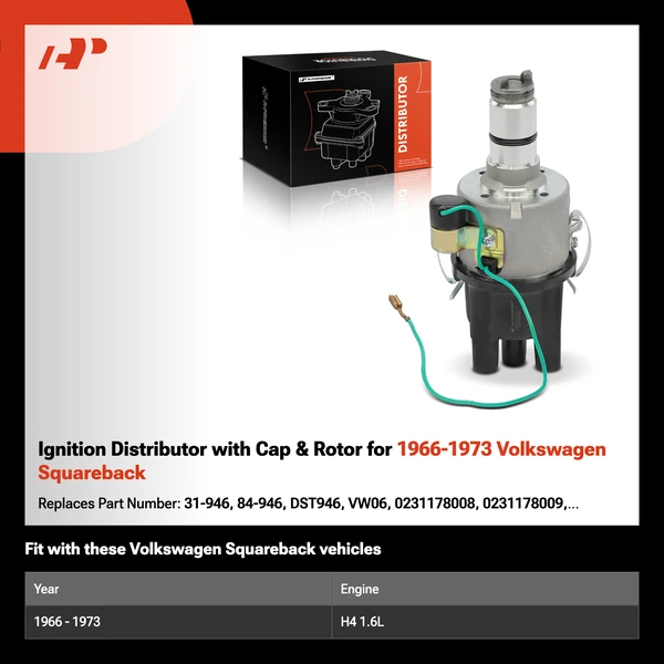 Ignition Distributor with Cap & Rotor for 1966-1973 Volkswagen Squareback