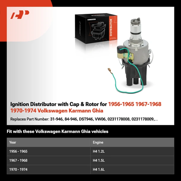 Ignition Distributor with Cap & Rotor for 1956-1965 1967-1968 1970-1974 Volkswagen Karmann Ghia