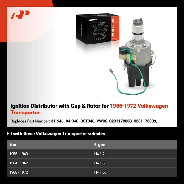 Ignition Distributor with Cap & Rotor for 1955-1972 Volkswagen Transporter