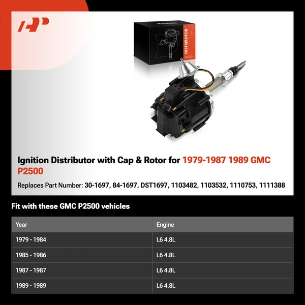 Ignition Distributor with Cap & Rotor for 1979-1987 1989 GMC P2500