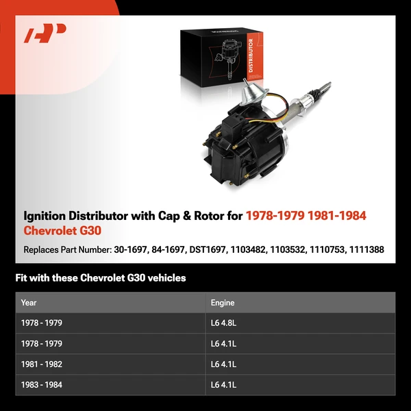 Ignition Distributor with Cap & Rotor for 1978-1979 1981-1984 Chevrolet G30