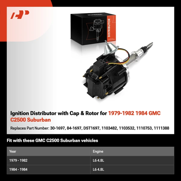 Ignition Distributor with Cap & Rotor for 1979-1982 1984 GMC C2500 Suburban