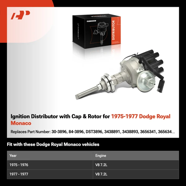 Ignition Distributor with Cap & Rotor for 1975-1977 Dodge Royal Monaco