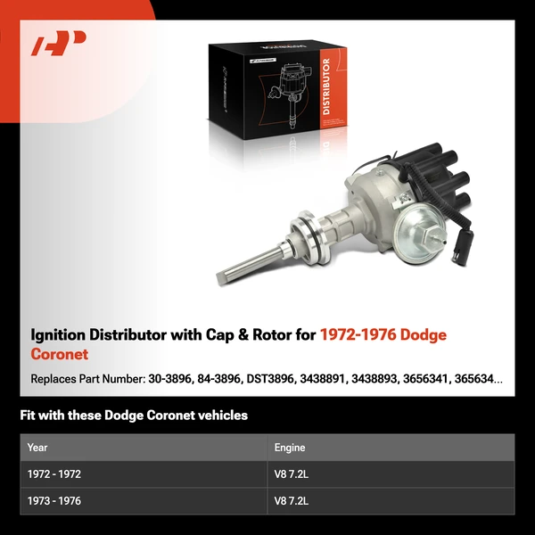 Ignition Distributor with Cap & Rotor for 1972-1976 Dodge Coronet