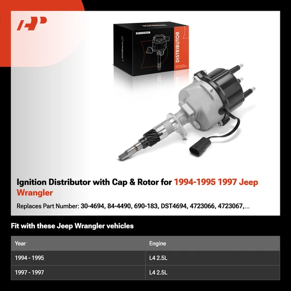 Ignition Distributor with Cap & Rotor for 1994-1995 1997 Jeep Wrangler