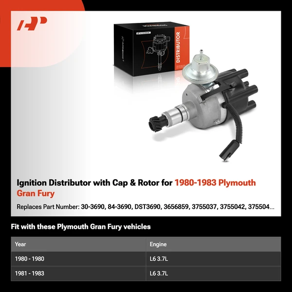 Ignition Distributor with Cap & Rotor for 1980-1983 Plymouth Gran Fury