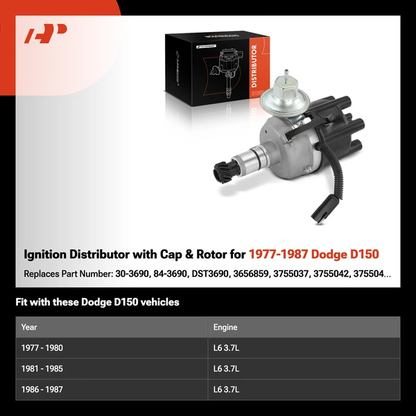 Ignition Distributor with Cap & Rotor for 1977-1987 Dodge D150