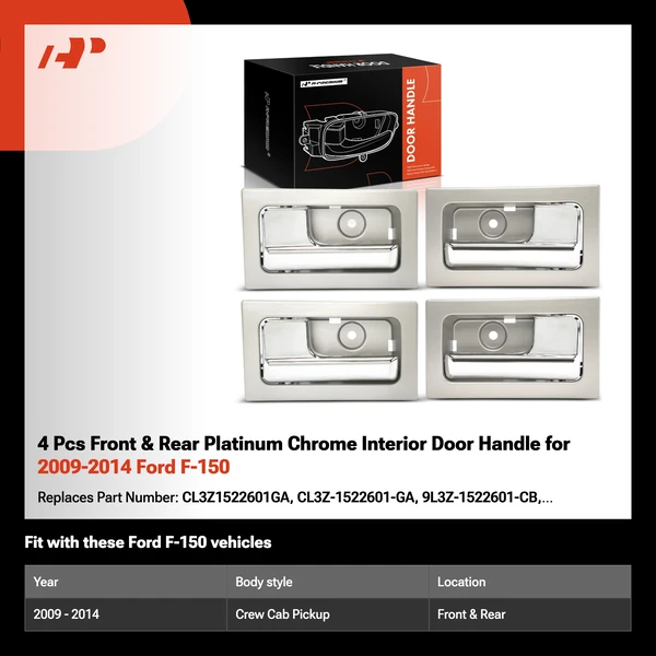 4 Pcs Front & Rear Platinum Chrome Interior Door Handle for 2009-2014 Ford F-150