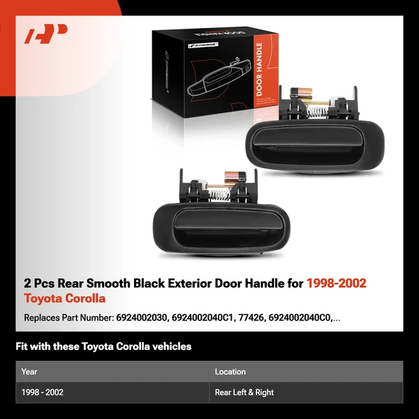 2 Pcs Rear Smooth Black Exterior Door Handle for 1998-2002 Toyota Corolla