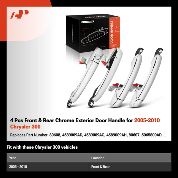 4 Pcs Front & Rear Chrome Exterior Door Handle for 2005-2010 Chrysler 300